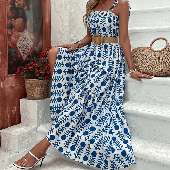 . Dresses & Skirts - Blue Boho Womens Geo Print Ruffle Hem Cami Dress